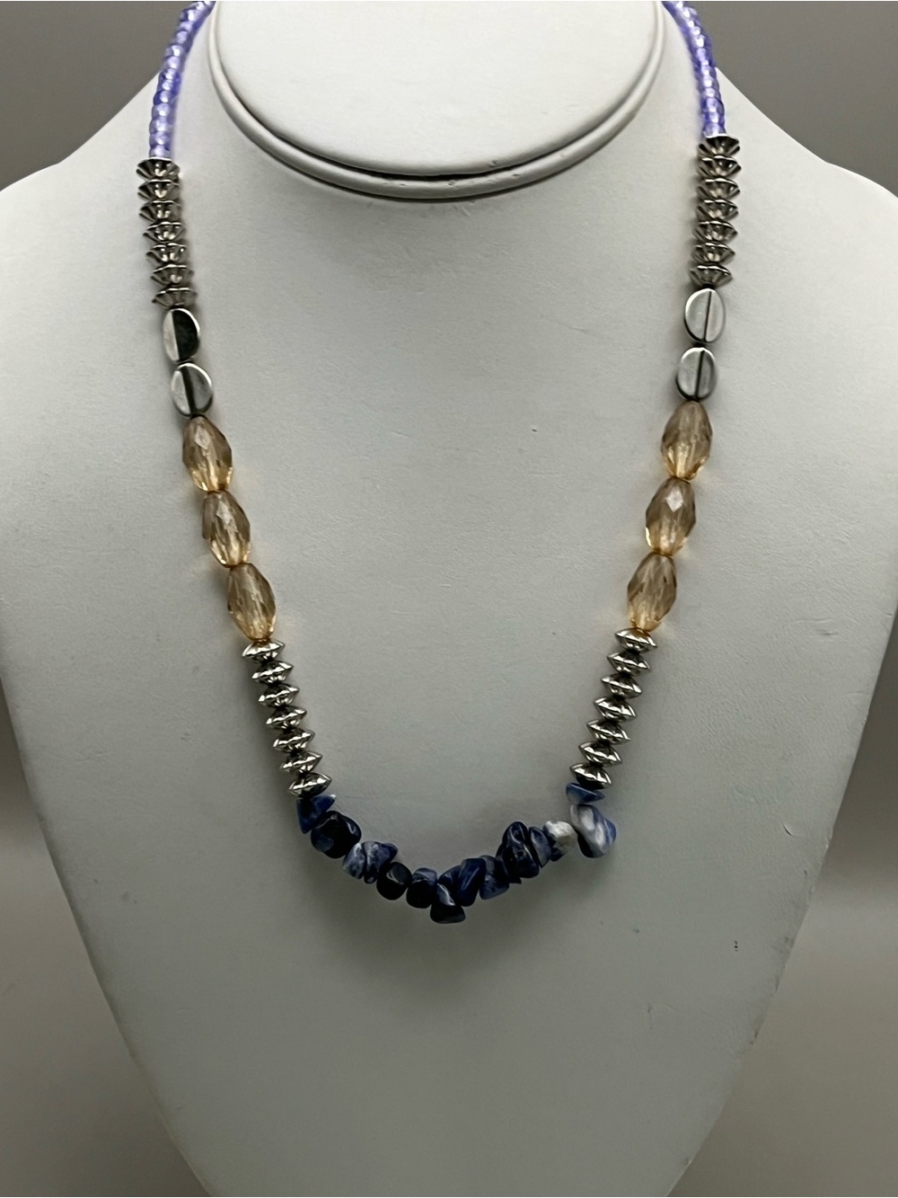 Artisan Beaded Necklace Sodalite Chip Blue Stone Silver Saucer Champagne Crystal